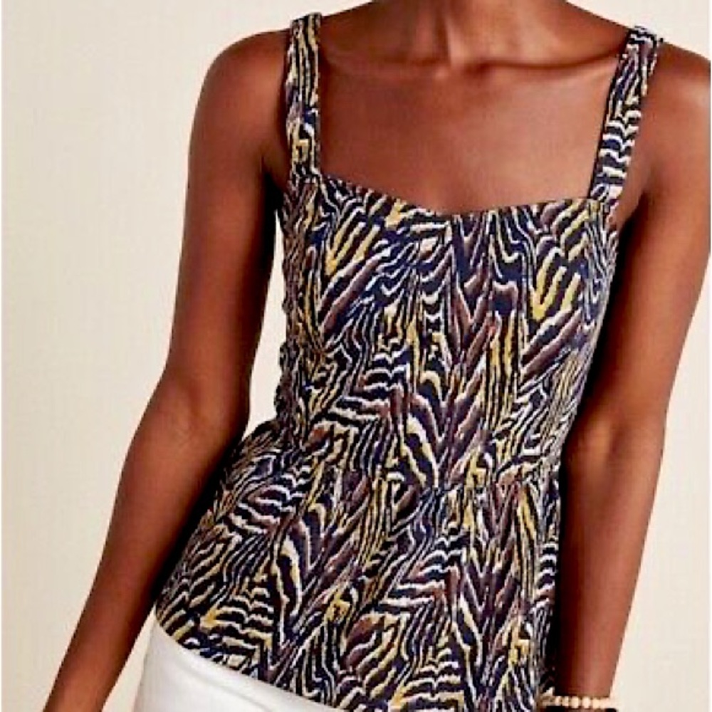 Anthropologie tiger zebra print blue yellow stretchy peplum tank top, size M